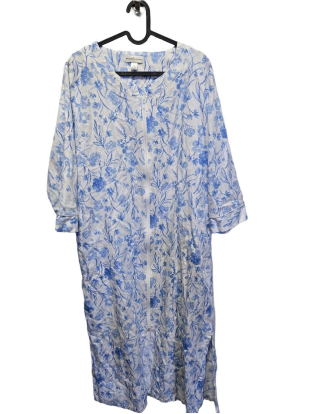 Women's Miss Elaine White & Blue Floral Zip-Front Robe M 3/4 Sleeve Sleepwear - Picture 2 of 10